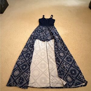 Elegant Navy Blue Patterned Maxi Dress